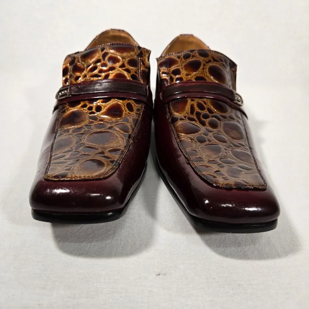 Vintage BALLY Rockabilly Red Wine Patent Leather Brown Crocodile Loafers Size 9B